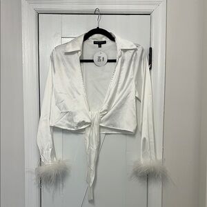White Feather Cuff Tie-Front Blouse